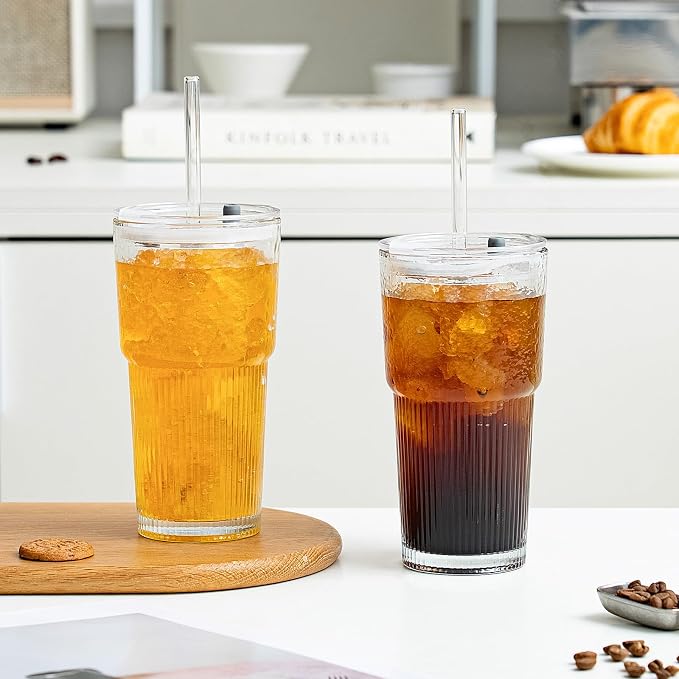 SoulTimes 20oz Wave Ribbed & Wavy Glass Tumbler with Lid and Straw – Iced Coffee Glasses Cups for Smoothie, Matcha, Juice, Water etc. Leakproof and Reusable Glassware Drinking for Travel To Go [4 Pcs]