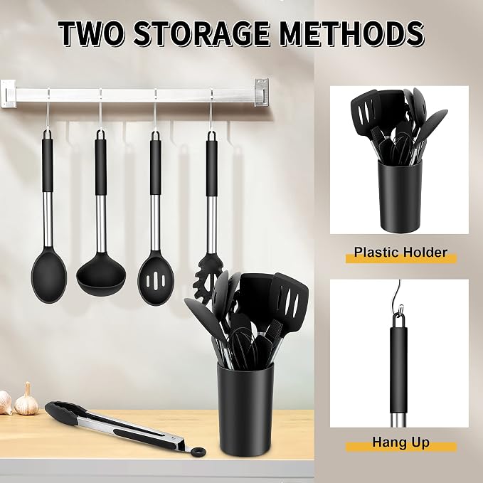 E-far Kitchen Utensils Set, 14-Piece Black Silicone Cooking Utensils Set | Heat Resistant, Kitchen Tools Spatulas with Stainless Steel Handle, Non-stick Cookware with Holder, Dishwasher safe