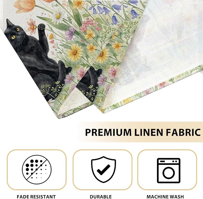Black Cat Placemats Set of 4, Spring Floral Watercolor Table Mats | Party Kitchen Dining Decor, Washable Non-Slip Heat Resistant Linen Fabric Rectangle Place Mats, Cute Cat Lover Gifts