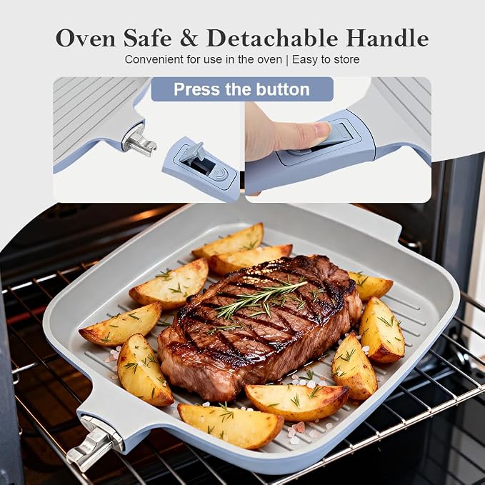 RANX INGST Nonstick Ceramic Griddle Pan with Lid, 10 Inch Steak Pan- Blue | Detachable Handle Induction Compatible