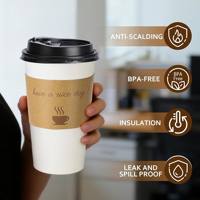 BYSNOW 20 oz 50 pack Disposable Paper Coffee Cups with Lids To Go Cups | Paper To Go Cups with Lids, Sleeves and Stirring Sticks, for Home, Office and Party (White 20oz)