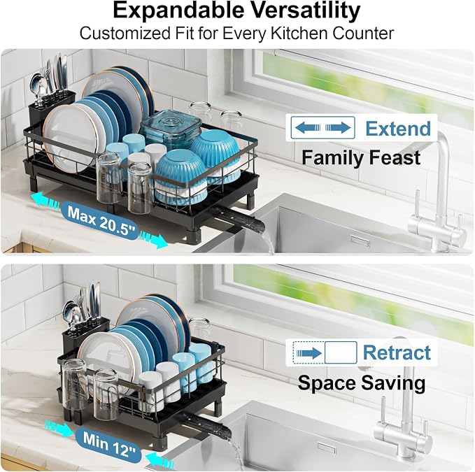 Expandable Dish Drying Rack - Compact with Drainboard, Black | 12-20.5 in Adjustable Length, 360° Rotating Drain Spout, Cup & Utensil Holder, Rust-Resistant, Ideal for Small Kitchens & RVs