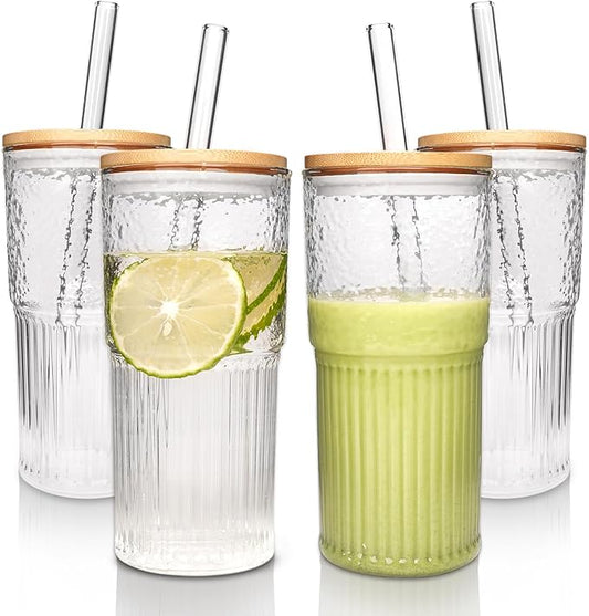 ANOTION 4Pcs 22 oz Iced Coffee Cups Drinking Glasses Iced Coffee Cup | Smoothie Cup Glass Tumbler Water Glasses Ribbed Glassware