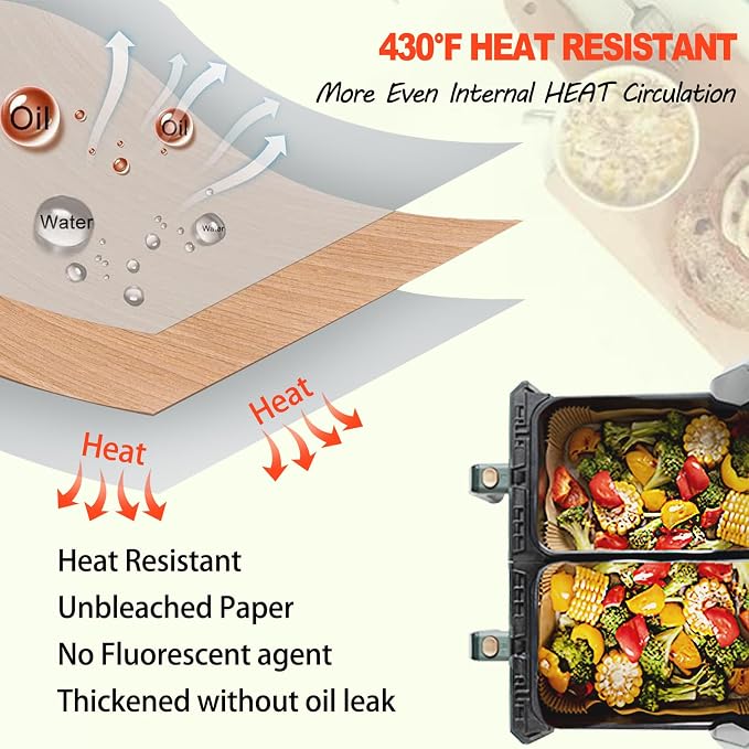 Ninja Foodi Air Fryer Liners, Ninja Air Fryer Liners Disposable, Ninja DZ071 Foodi Ninja Dual Air Fryer Parchment Paper Liners, Rectangular Airfryer Paper Liners, Rectangle 2 Basket Liners