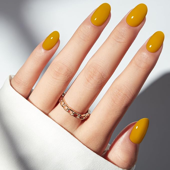 modelones Ginger Yellow Short Press on Nails, Oval Fake Nails Kit | Press Ons with Nail Glue, Adhesive Tabs, Nail File, Prep Pad, Manicure Stick, 32Pcs 16 Sizes, Summer Women Girl Gift