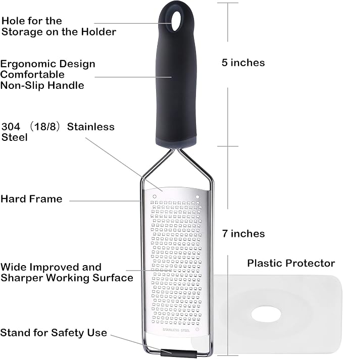 Wide Lemon Zester & Cheese Grater, 18/8 Stainless Steel with Cover, Black | Extra-wide Fine Grating Surface for Citrus, Parmesan, Ginger and Garlic, 18/8 Stainless Steel Blade, Non-slip Top Pads, Cover