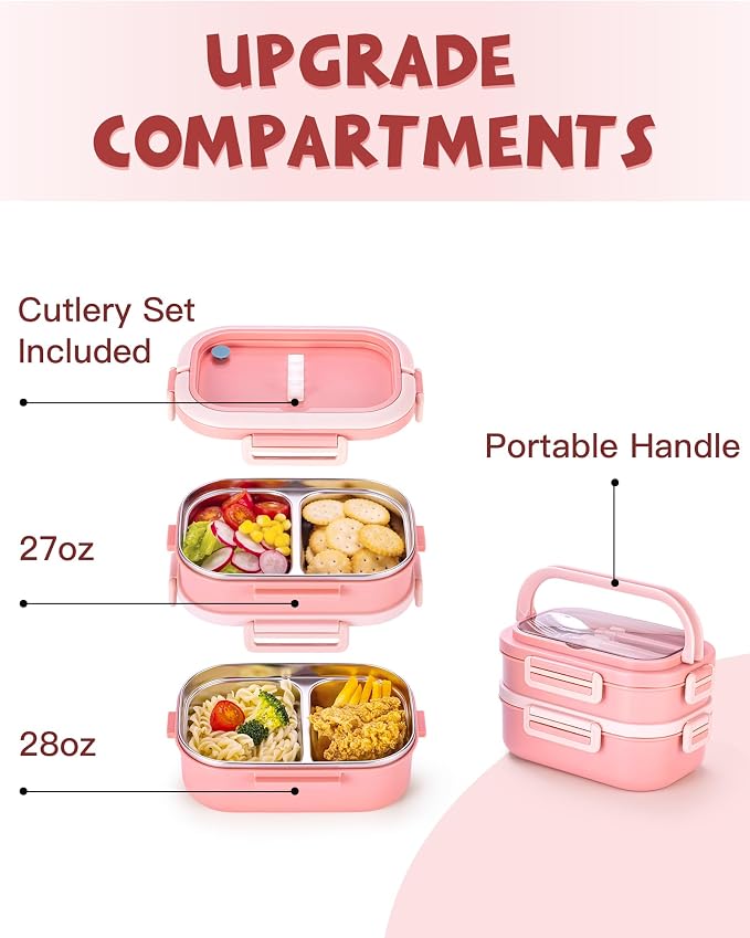 Lille Home Stackable Stainless Steel Bento Lunch Box + Insert Cutlery, 56oz | 2 Tier Leakproof Metal Lunch Boxes, 4-Compartment Food Containers for Work, Picnic, Meal Prep & Portion Control (Pink)