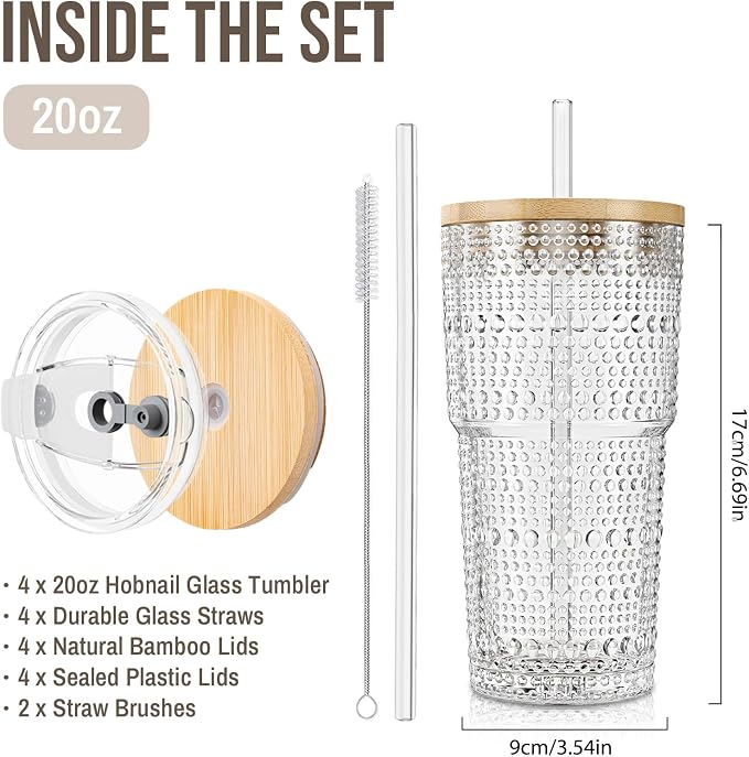 SoulTimes 20oz Hobnail Glass Tumbler with Bamboo Lids and Straws - Iced Coffee Glass Cups for Smoothie, Matcha, Juice, Water etc. Leakproof and Reusable Glassware Drinking for Travel To Go [4 Pcs]