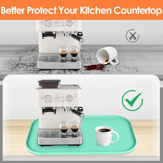 Silicone Coffee Maker Mat with Lip for Countertops, 24'' x 16'', Mint Green | Multi leak-proof coffee tray for countertop, non-slip silicone mat fits most coffee makers & espresso machines, wipe-clean