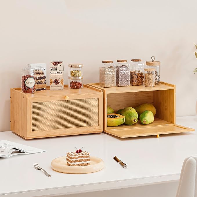 Trironsun Rattan Bamboo Bread Box for Kitchen Counter Large Capacity Bread Storage Bin Farmhouse Bread Storage Container Rustic Bread Holder (Natural Bamboo)