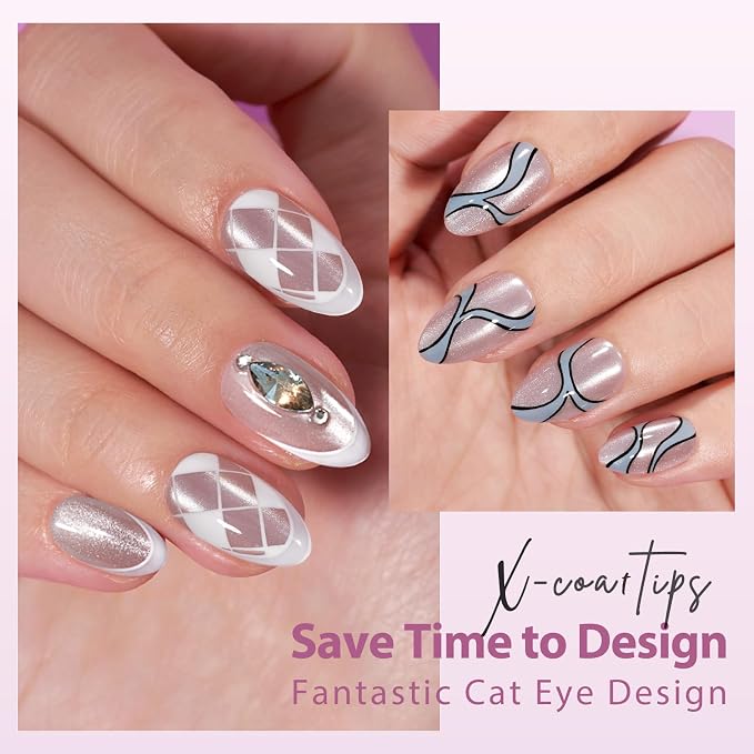 BTArtboxnails XCOATTIPS Cat Eye Press On Nails, Short Almond, Falling Star | Lamp-Curable 4-Week Wear, Salon Quality Value at Home, Natural Nail Look, Easy-to-Apply for Beginners, 1606ct Nail Tips Only