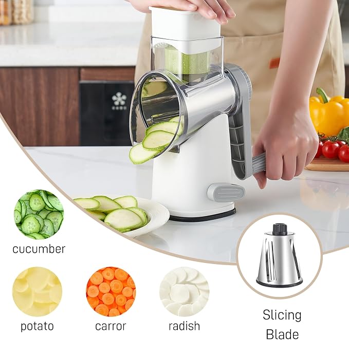 Weltonhm 4 in 1 Large Cheese Grater Hand Crank (White Grey 4 Graters) | Cheese Shredder Rotary and Slicer with 4 Stainless Steel Blades for Vegetables, Veggie and Cheese, Stronger Suction Base