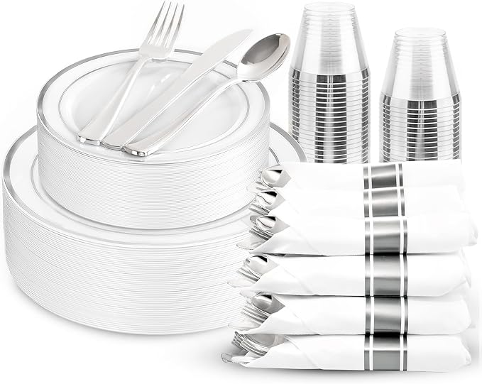 175PCS Sliver Plastic Plates - Silver Plates Disposable - White Plate with Silver Trim 25Guests Plastic Dinnerware Sets with Rolled Napkins for Wedding Baby Shower Spring Birthday