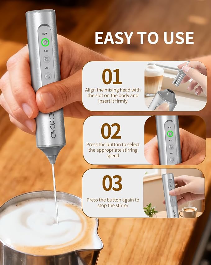 CIRCLE JOY Rechargeable Handheld Milk Frother Wand with Stand, 3 Variable Speeds, 3 Whisks and Storage Box, Electric Drink Mixer for Latte, Cappuccino, Hot Chocolate, Eggs and Protein Powder, Silver