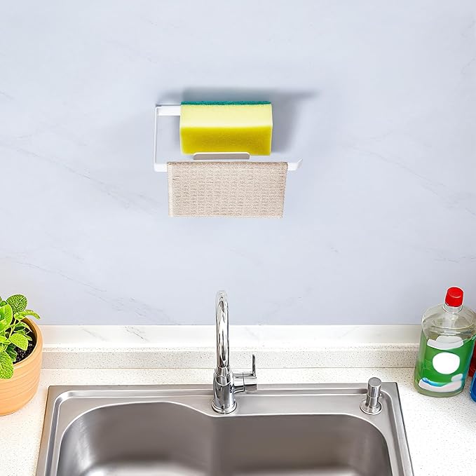 Sponge and Dish Cloth Holder for Kitchen Sink, 2 in 1 Adhesive Sink Dish Sponge Holder, Sinks Caddy Organizer Rack for Storage Sponges Scrubber Glove and Brush, White