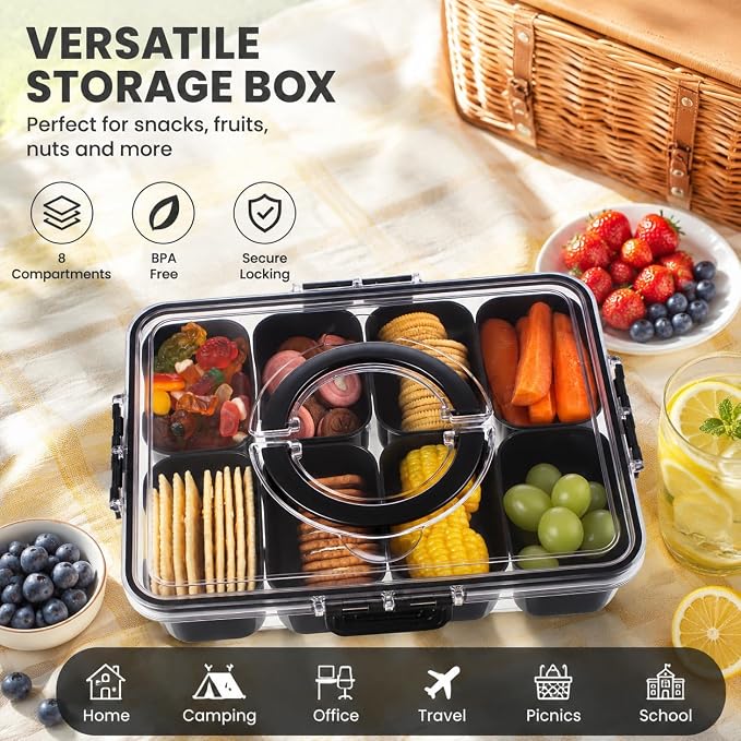 Dingerjar Divided Serving Tray with Lid and Handle - Snackle Box Charcuterie Container for Portable Snack Platters Organizer for Candy, Fruits, Nuts, Snacks - Perfect for Party, Entertaining, Black