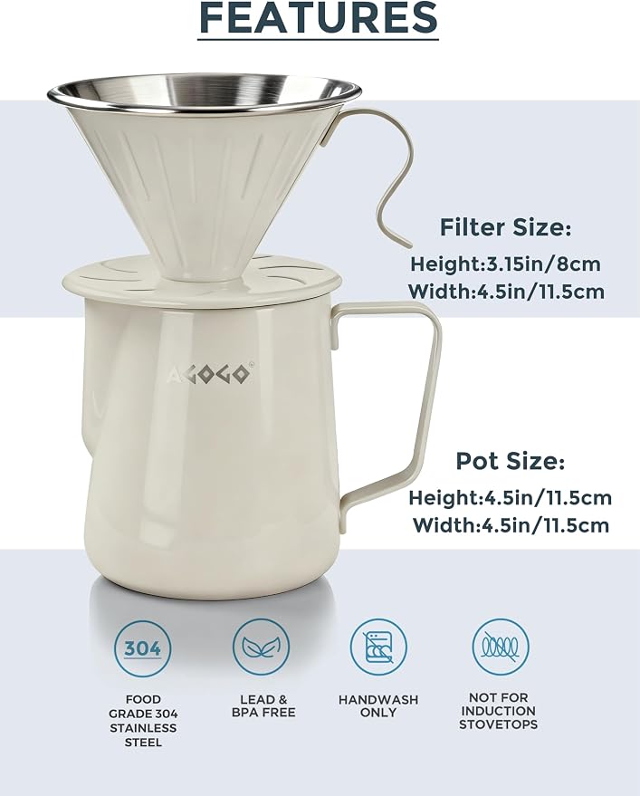 AGOGO Stainless Pour Over Coffee Maker Set, 50 Paper Filters, 20oz, Cream | Unbreakable carafe for kitchen RV camp and office, includes barista towel, lead-free food grade 304 stainless steel