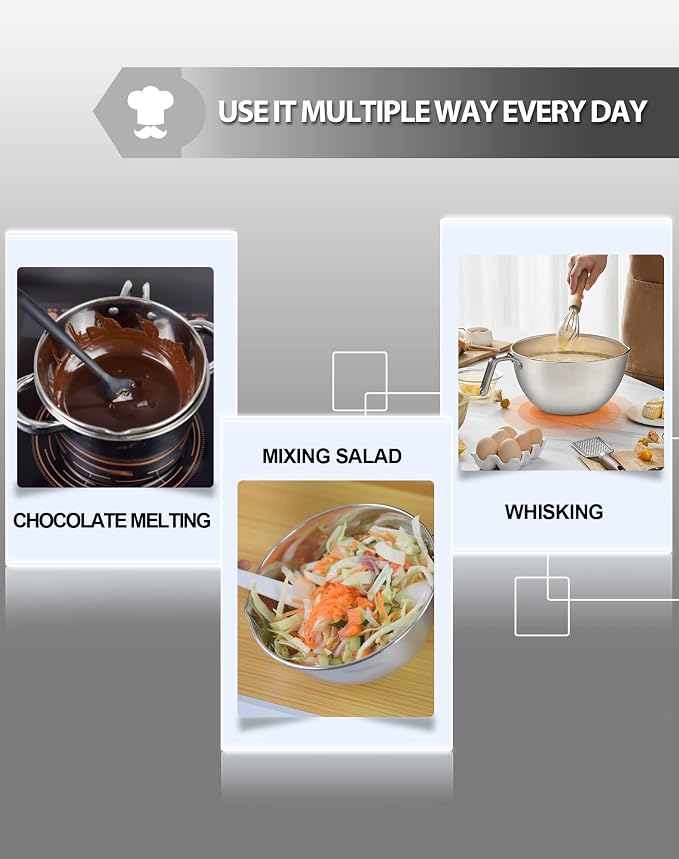 1.1QT Double Boiler Chocolate Melting Pot with 2QT 304 Stainless Steel Pot | 304 food-grade steel, rust-proof. Melt chocolate, butter, candy, wax, soap. Stovetop safe, Dishwasher safe