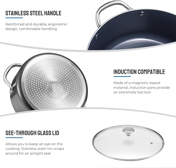 BEZIA Nonstick Induction Cookware Set, 6-Piece Pots and Pans Set with Lids | 2QT Saucepan, 4.8QT Casserole Dutch Oven, 6QT Stock Pot, Riveted Stainless Steel Handles, Oven Safe, Works on All Stovetops