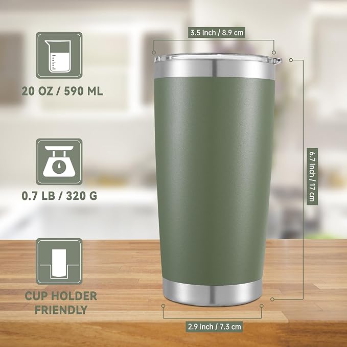 20 oz Tumblers Bulk Stainless Steel Tumbler with Lid, 6 Pack | Army Green, 20oz Insulated Coffee Mug, Double Wall Vacuum, Powder Coated Cup, for Hot and Cold Drinks