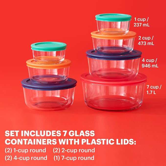Pyrex Simply Store (7-Pack) Glass Food Storage Containers Set | Meal prep containers (1, 2, 4 & 7 cup) with BPA-free plastic lids, microwave & dishwasher safe