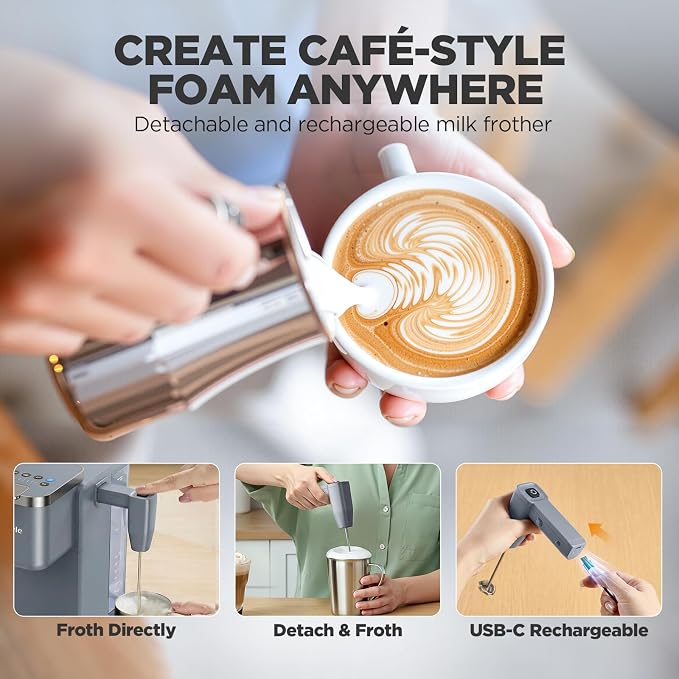 Tastyle Single Serve Coffee Maker with Built-in Detachable Milk Frother | For K Cups & Grounds, 40oz Removable Water Tank, 6 Brew Sizes, 2 Drip Trays, BPA Free, Fits 7.3" Travel Mug, K330MF, Gray