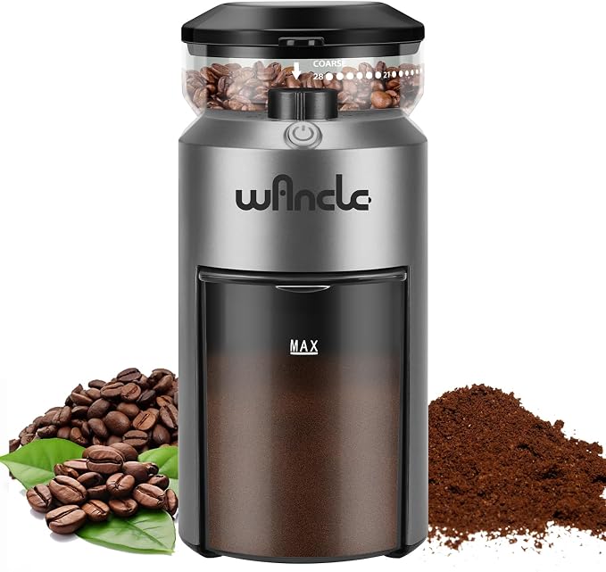 Wancle Coffee Grinder - Electric Burr Coffee Grinder - Adjustable Burr Mill with 28 settings - 12 Cups - Professional Coffee Bean Grinder - Grey
