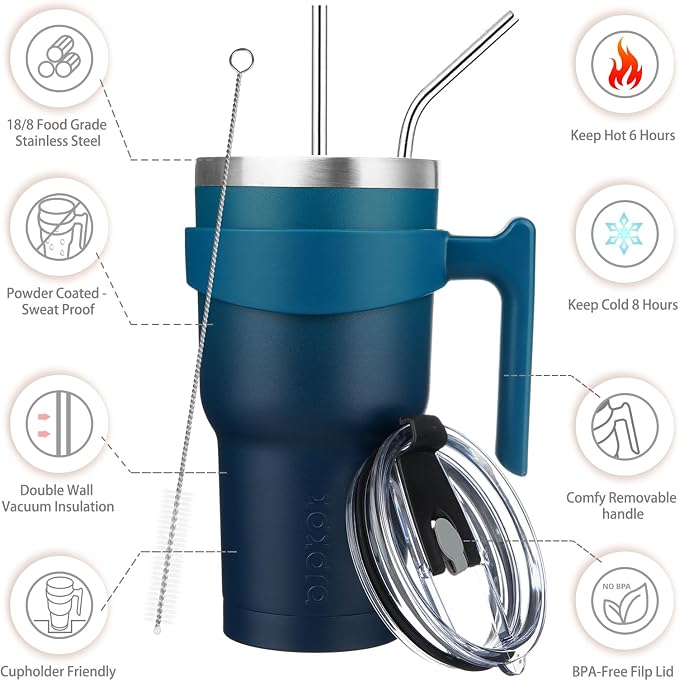 BJPKPK 30 oz Tumbler with Handle & Straw, Insulated Stainless Steel Mug | Double Wall Vacuum, Keeps Hot/Cold, Thermal Cup, BPA Free, Dishwasher Safe, Cupholder Fit, Coffee & Travel, Indigo Black