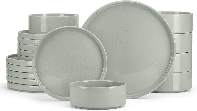 E-far Dinnerware Sets for 6, 18-Piece Stoneware Plates and Bowls Set, Green | Modern Kitchen Dining Dishware, Chip and Scratch Resistant, Microwave & Dishwasher Safe, Speckled Green