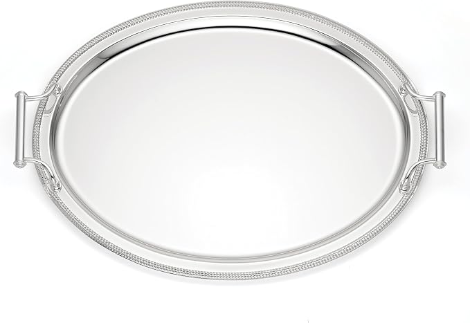 Reed & Barton Oval Silverplate Serving Tray with Handles | braided metal border | 13 x 17 inch | elegant entertaining or vanity decor, gift for women, vanity decor item