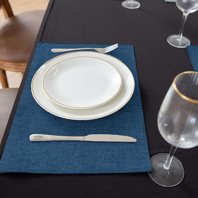Cloth Navy Blue Placemats Set of 8, Linen Type Fabric Placemats Machine Washable Heat Resistant Placemats Polyester Place Mats for Halloween, Thanksgiving and Christmas Dining Table (Navy Blue)