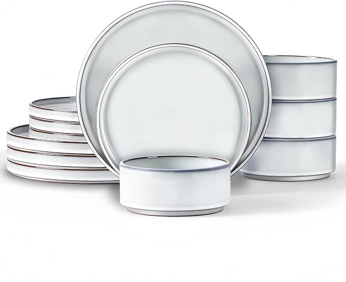 LIANYU 12 Piece Dinnerware Dishes Sets for 4, Stoneware Plates and Bowls | Ceramic Dishware Set for Pasta Dessert Cereal, Rustic Terracotta Bottom, Microwave & Dishwasher Safe, Lucent White