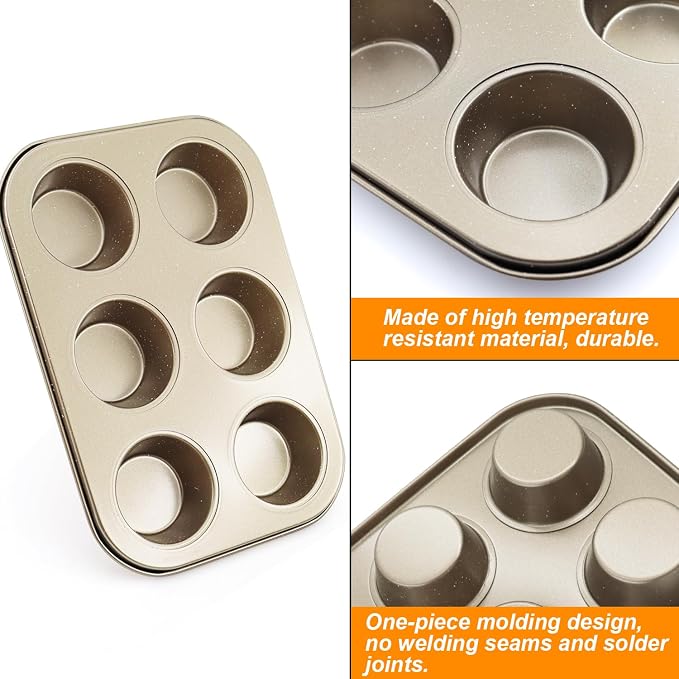 2 Packs Round Muffin Baking Pan, Premium Steel Muffin Pan for Baking, Nonstick Cupcake Tin Cheesecake Pans, Bakeware Muffin Top Pan (6 Cups, Golden)