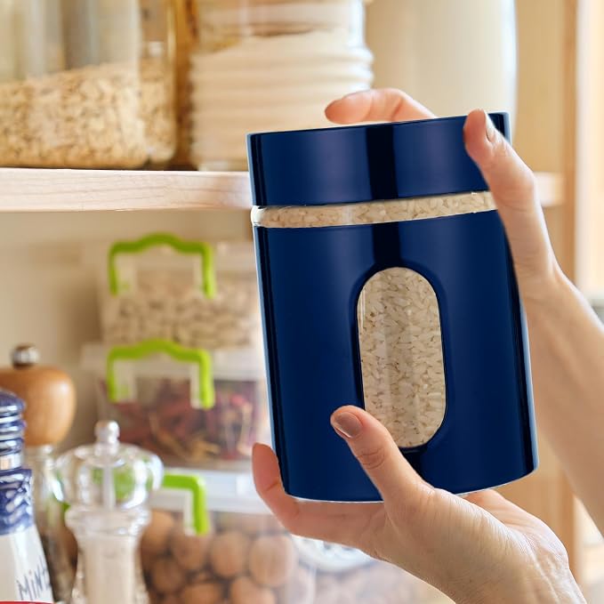 6 Pack Kitchen Canisters Set Airtight Coffee Sugar Tea Storage Jars with Window Glass Stainless Steel Containers with Lids for Flour Cookies Spices Grains Kitchen Decorations(Navy Blue,20 oz)