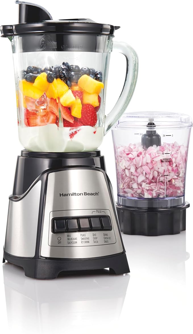 Hamilton Beach Power Elite Blender For Smoothies With Wave Action System | 40 oz. Glass Jar + 3 Cup Mini Food Chopper Attachment | 12 Functions Including Puree, Crush Ice | 700 Watts | Black | 58149G