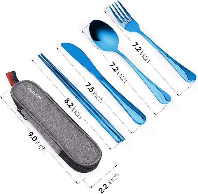 Travel Utensils with Case, Quatish Portable Silverware Set for Work, Stainless Steel Reusable Travel Cutlery, Fork and Spoon Set for Camping, Picnic, Gadgets, Lunch Box for Men, Christmas Gift, Blue