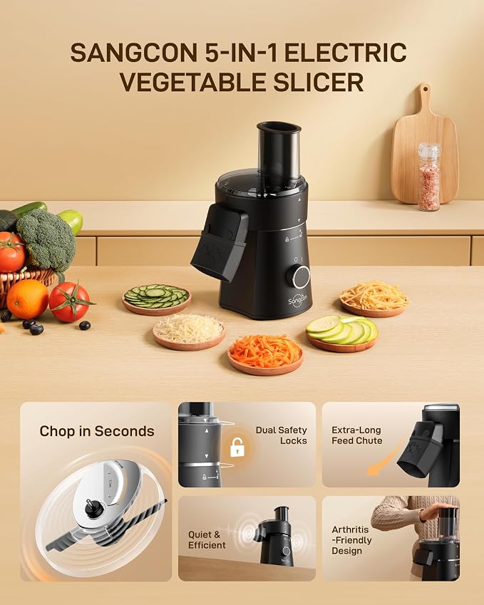Sangcon 5-in-1 Electric Cheese Grater and Vegetable Slicer for Block Cheese | 5 discs: fine/coarse shred, fine/coarse slice & julienne | Direct-to-bowl chute, safety lock, top-rack dishwasher-safe parts