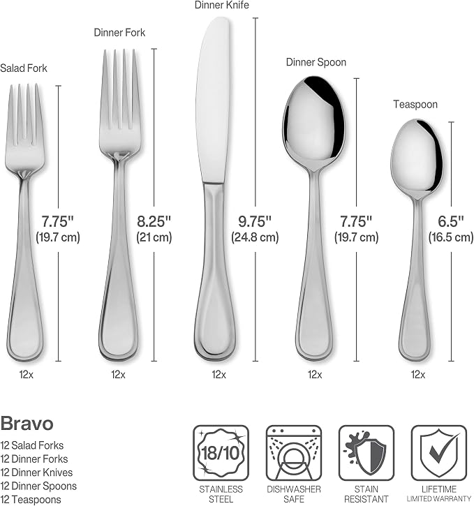 Mikasa Bravo 65-Piece Flatware Set, Service for 12, 18/10 Stainless Steel Silverware with Mirror Finish, Includes 5 Serving Utensils, Dishwasher Safe (Pack of 2)