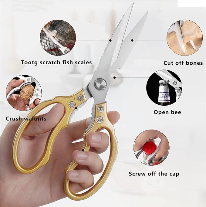 AWinjoy Kitchen Scissors, Heavy Duty Sharp Shears Dishwasher Safe, Kitchen Accessories Cooking Shears for Meat Chicken Fish Poultry Herb Bread (gold)