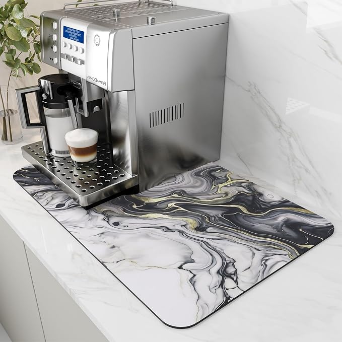 AMOAMI Dish Drying Mat for Kitchen Counter-Coffee Mat Bar Accessories, Hide Stain, Rubber Backed, Absorbent, Fit Under Coffee Maker, Espresso Machine, Pot, Dish Rack,(12x19,Marble,Black)