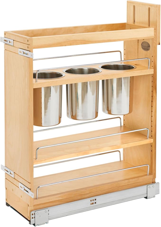 Rev-A-Shelf Pullout Organizer w/Soft-Close, Min Cabinet Opening 8.5" W | 8.75" W Slide Out Pantry Spice or Utensil Storage Rack w/BLUM Soft-Close & Adjustable Shelves for Base Cabinet, 448UT-BCSC-8C