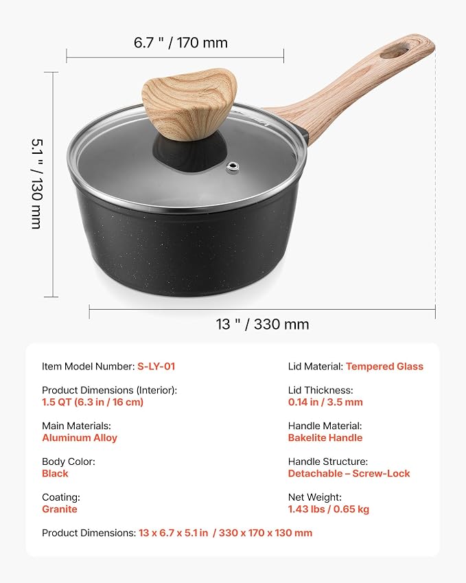 VEVOR 1.5 QT Saucepan, Nonstick Saucepan with Tempered Glass Lid, Multipurpose Cooking Sauce Pot with Detachable Handle, Sauce Pan Small Kitchen Cooking Pot with Coating, Induction Compatible, Black
