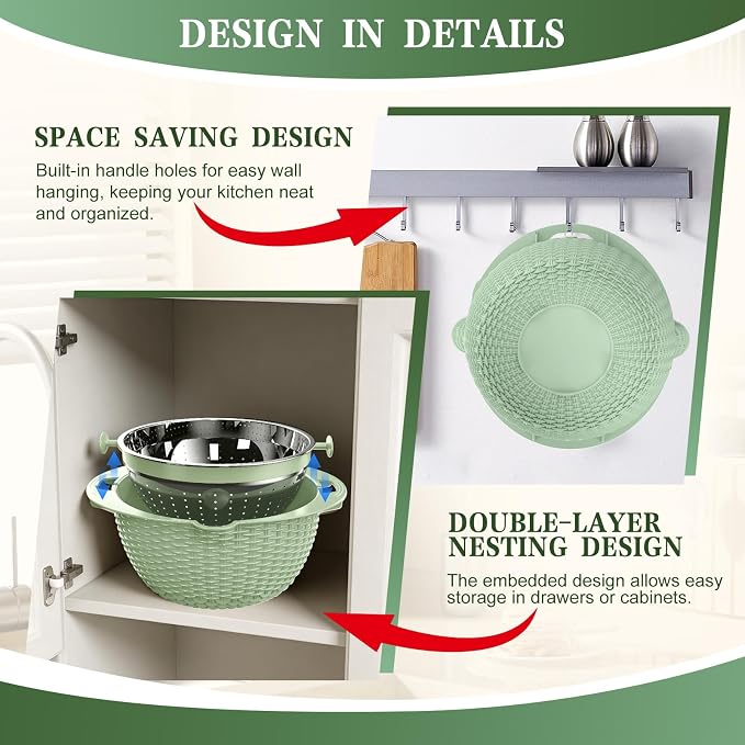 4-1 Colander with Fruit Bowl Set - Colander for Kitchen, Rotatable Strainers and Colanders(Patented), Pasta Strainer with New Upgraded Graters for Fruit, Veggie, Aesthetic Kitchen Essentials - Green