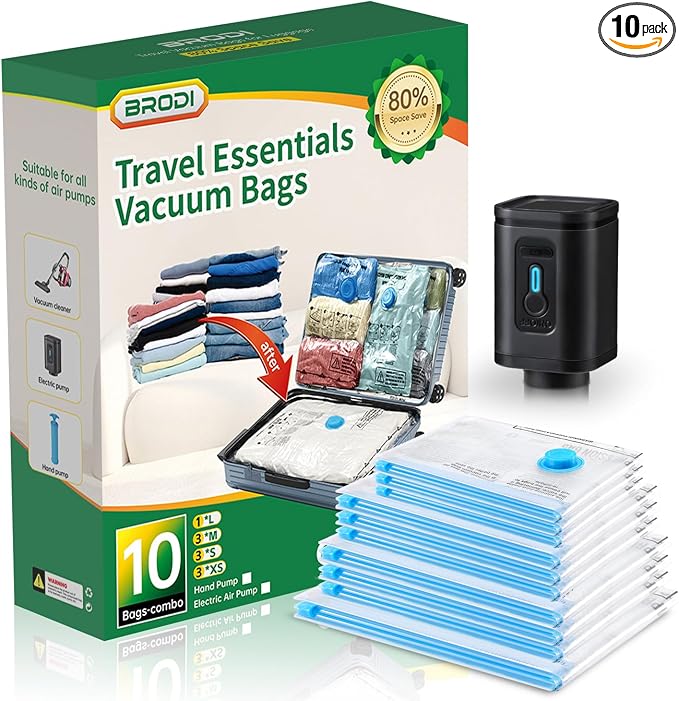 BRODI 10 Combo Pack Travel Vacuum Bags with Pump - Space Saver & Travel Essentials, Clothing & Luggage Vacuum Seal Bags