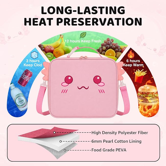 Insulated Axolotl Lunch Bag lonchera for Teen Girl Boy Kid Bento Box Reusable Large Capacity Portable Waterproof Leakproof with Name Tag to School Office Picnic Travel (1PCS Lunch Bag)