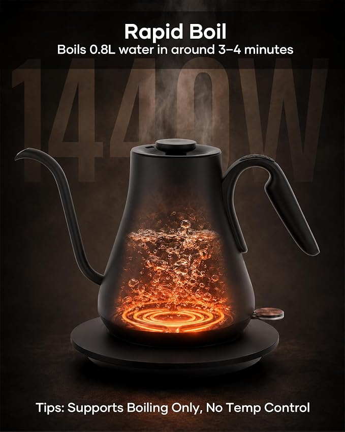 Cocinare Gooseneck Electric Kettle 0.8L, Fast Boil Pour Over Coffee, Tea | 1440W Fast Boil, 304 Stainless Steel Interior, Gooseneck Precision Spout, Auto Shut-Off & Boil-Dry Protection, Matte Black
