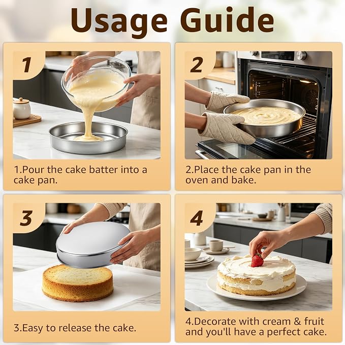 Inqibee 8 Inch Round Cake Pan Set of 2, Stainless Steel Textured Bottom | Tri-ply Stainless Steel, Rolled Rim Layer Cake Bakeware, Oven & Dishwasher Safe, Healthy Non-Toxic for Birthday Wedding Cake