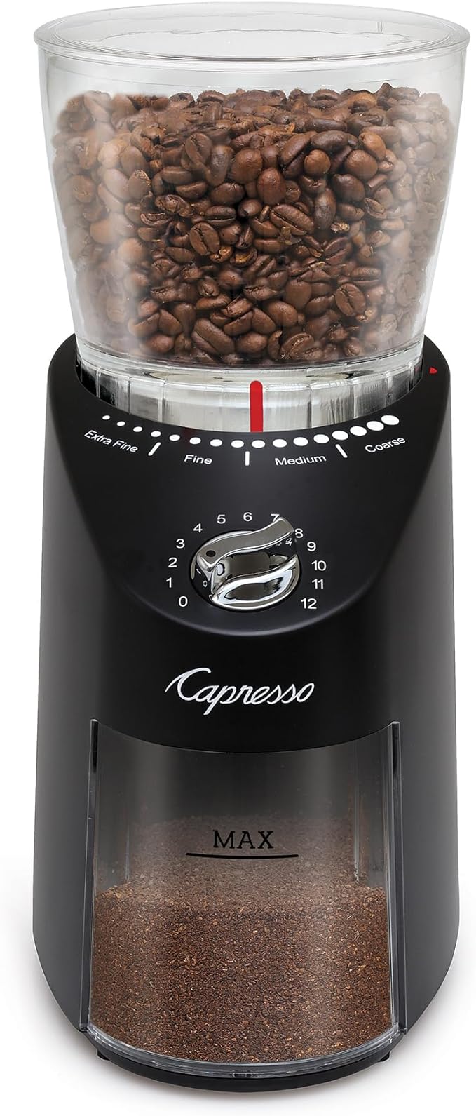 Capresso Infinity Plus Conical Burr Grinder, Black | Commercial-grade steel burrs, 16 settings, low-speed gear motor