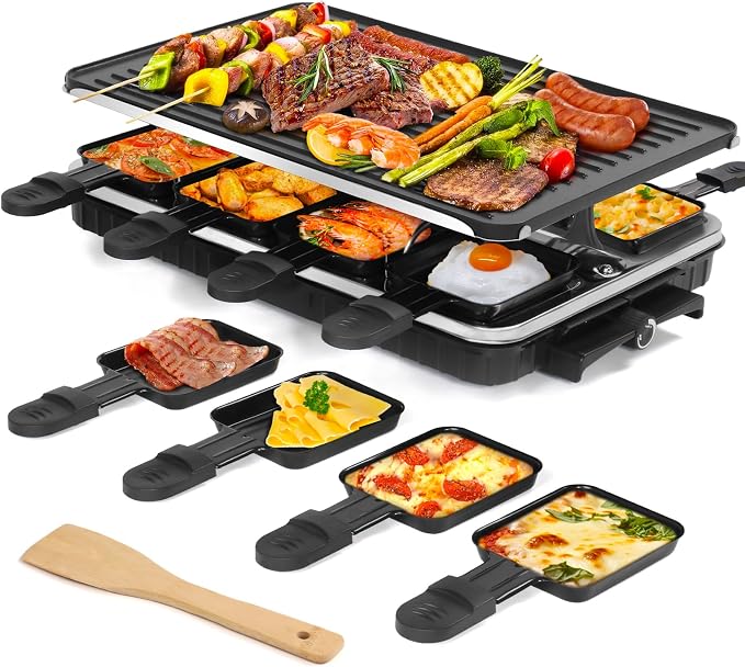 Raclette Table Grill 2-in-1 Korean BBQ Smokeless Indoor Grill, 8 Pans 1300W | Electric Griddle with Nonstick Surface & Adjustable Temp Control, KBBQ Table Grill for Family Gatherings, Dining & Parties
