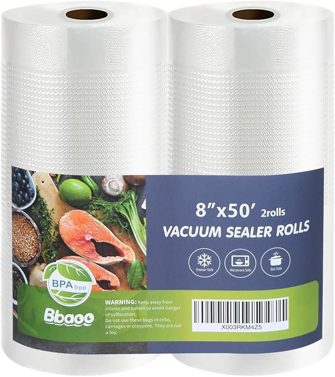 Vacuum Sealer Bags, 8" x 50' Rolls 2 pack for Food Storage Saver, Commercial Grade BPA Free Bag Rolls, Heavy Duty, Great for vac storage, Meal Prep or Sous Vide